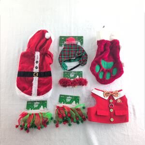 Lot of (7) Dog / Pet S/M Christmas Accessories Collars, Stocking, Coats & Hat